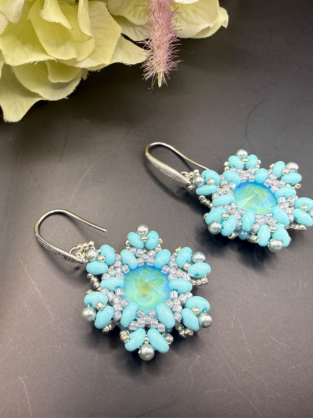 Aqua Crystal Floral Beaded Drop Earrings